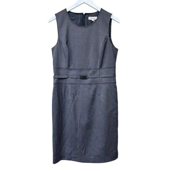 Calvin Klein Size 10 Gray Knee Length Sheath Dress Careerwear Office Siren Belt - Picture 1 of 13